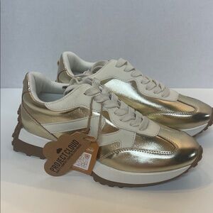 Women’s Metallic Gold Fashion Sneakers with Cream Accents